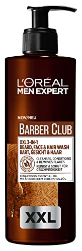 L'Oréal Men Expert Champú para barba para hombres en paquete XXL para barba, cara y cabello, calmante y nutritivo gracias al aceite de cedro, Barber Club 3 en 1, 1 x 400 ml