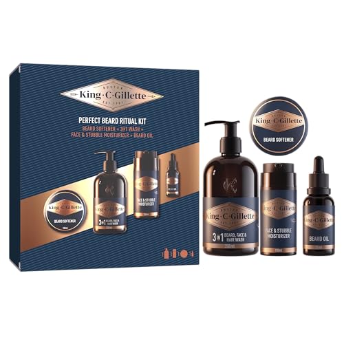 King C. Gillette Kit Para Barba Hombre, Incluye Gel Limpiador 3 En 1 Para Barba 350ml + Suavizante De Barba 100ml + Crema Hidratante Para Rostro Y Barba 100 ml + Aceite Para Barba 30 ml