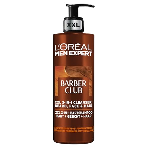 L'Oréal Men Expert Champú para hombres en pack XXL, para barba, cara y cabello, calmante y nutritivo gracias al aceite de madera de cedro, Barber Club, cuidado de la barba