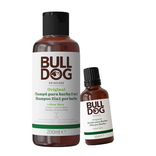 Bulldog Skincare for Men - Pack Cuidado de Barba con Champú y Acondicionador 200 ml y Aceite para Barba 30 ml - (Ingredientes Naturales: Aloe, Aceite de Camelia, Té Verde)