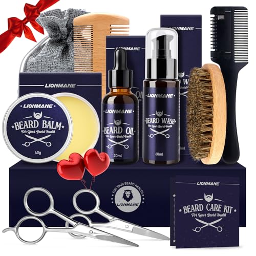 Kit Barba Cuidado para Hombres, Regalos Originales para Hombre, Lionmane Kit Barba Hombre, Champú, Peine de Afeitar, Peine, Cepillo, Aceite, Balsamo, Tijeras, Bolsa de lona, Regalos Hombres