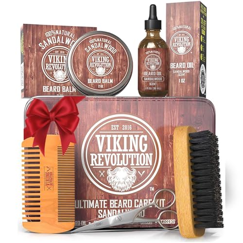Viking Revolution Kit de Barba Para Hombre - Cepillo de Cerdas de Jabalí, Peine de Madera, Bálsamo y Aceite de Sándalo, Tijeras - Regalos Originales Para Hombre - Regalo Hombre