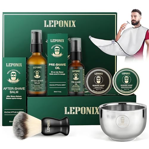 Kit de barba para hombre, kit de afeitado para hombre, incluye aceite de pre afeitado con eucalipto y menta pimenta, crema emoliente después de afeitar, 2 paquetes de jabón para afeitar, cepillo y