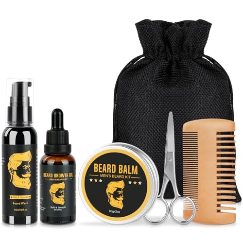 Kit Barba Hombre, Kit Barba Cuidado para Hombre 6 En 1 con Aceite Barba Hombre, Champú Barba, Peine Barba, Tijeras, Bolsa de Viaje, Regalos para Hombre Papá